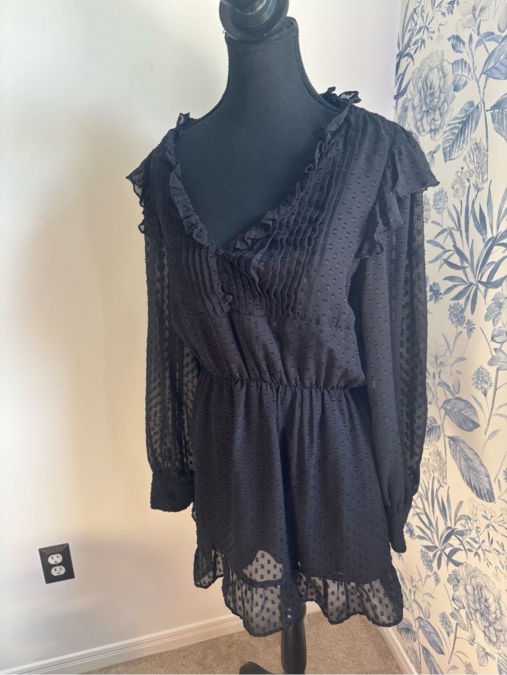 Zara Black Dot Ruffle Long-Sleeve dress